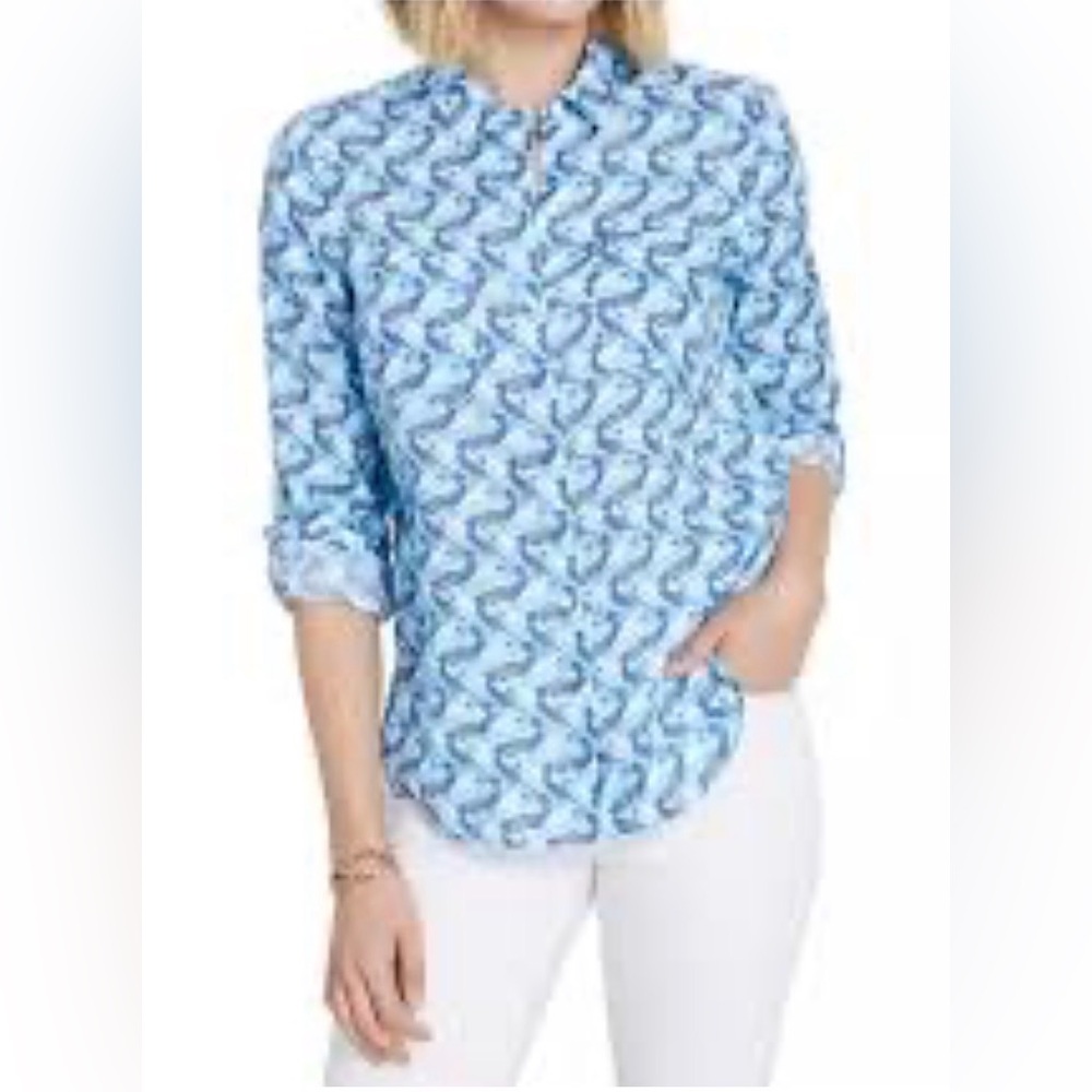 Women’s 100% Luxury linen button down blouse SMALL geometric blues bird print